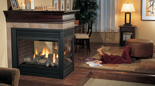 Regency P131 Three Sided Gas Fireplace with black louvers and red brick panels