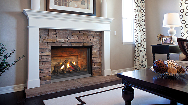 Regency P33CE Small Gas Fireplace with brown brick panels and white mantel