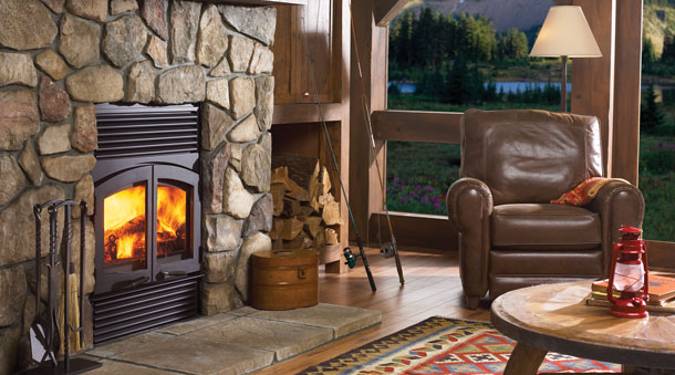 Regency R90 wood Fireplace with brown louvers and arched doors